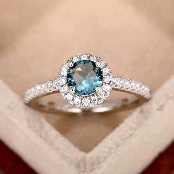 NEW 14k White Gold Blue Topaz Diamond Ring Halo Round Cut - Picture 1 of 8